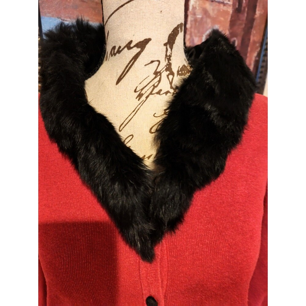 Vintage Emma James Red Button-Down Sweater Removable Black Rabbit Fur Collar PM